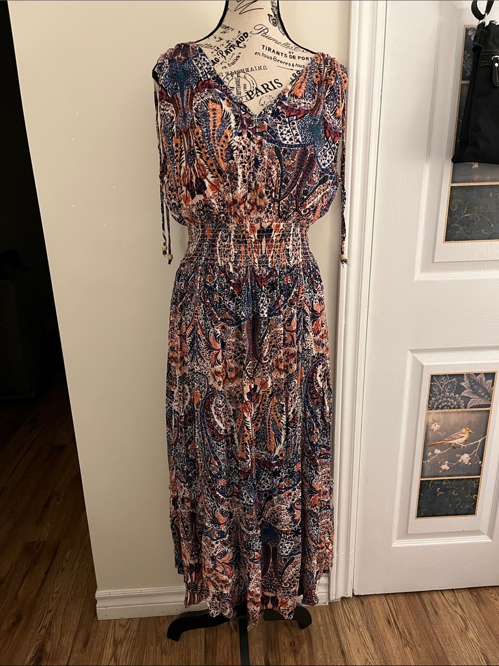 Smocked Waist Navy and Rust Paisley Maxi Dress